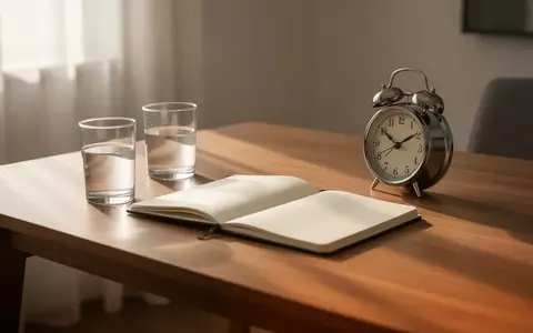 Ein minimalistischer Schreibtisch am Morgen mit einem analogen Wecker, einem leeren Notizbuch und einem Glas Wasser. - Foto: über boerse-global.de