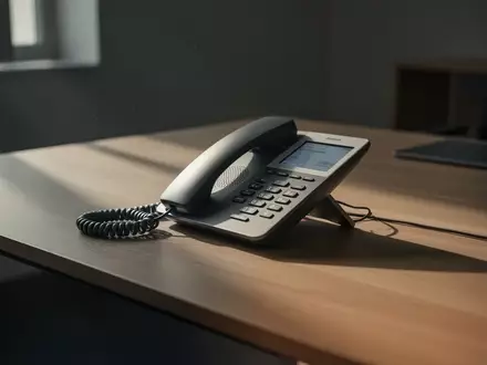 Ein modernes Festnetztelefon auf einem minimalistischen Schreibtisch in einem Büro mit weichem, natürlichem Licht. - Foto: über boerse-global.de