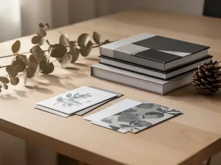 Ein minimalistischer Schreibtisch mit Büchern, Karten und einem Tannenzapfen in warmem, natürlichem Licht. - Foto: über boerse-global.de