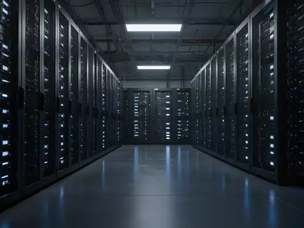 Dunkler Serverraum mit leuchtenden blauen Status-LEDs an den Server-Racks in einer professionellen IT-Infrastruktur. - Foto: über boerse-global.de
