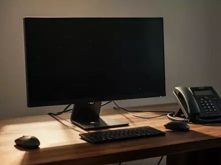 Ein dunkler, ausgeschalteter Computerbildschirm und ein Festnetztelefon auf einem Schreibtisch. - Foto: über boerse-global.de