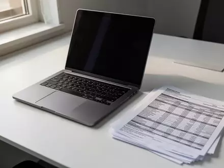 Ein moderner Schreibtisch mit einem Laptop mit dunklem Bildschirm und ausgedruckten Tabellenblättern. - Foto: über boerse-global.de