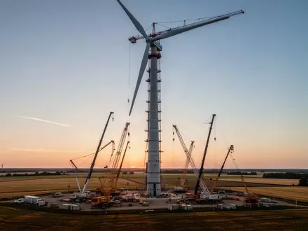 Eine riesige Windkraftanlage in der Lausitz während der Montage bei Sonnenuntergang. - Foto: über boerse-global.de