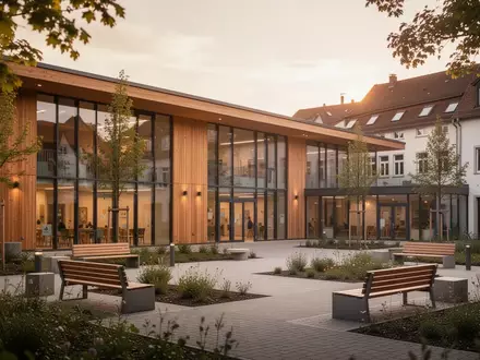Modernes Gebäude eines Mehrgenerationenhauses mit einladender Architektur und begrünter Außenanlage im weichen Tageslicht. - Foto: über boerse-global.de