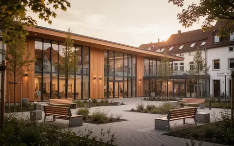 Modernes Gebäude eines Mehrgenerationenhauses mit einladender Architektur und begrünter Außenanlage im weichen Tageslicht. - Foto: über boerse-global.de