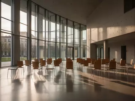 Modernes, leeres Foyer eines Regierungsgebäudes mit einfallendem Sonnenlicht und langen Schatten auf dem Boden. - Foto: über boerse-global.de
