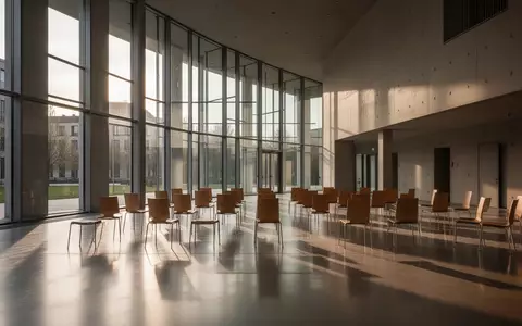 Modernes, leeres Foyer eines Regierungsgebäudes mit einfallendem Sonnenlicht und langen Schatten auf dem Boden. - Foto: über boerse-global.de