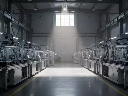 Leere, industrielle Fertigungshalle einer Batteriefabrik mit stillgelegten Maschinen und kühlem Lichteinfall. - Foto: über boerse-global.de