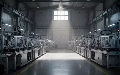 Leere, industrielle Fertigungshalle einer Batteriefabrik mit stillgelegten Maschinen und kühlem Lichteinfall. - Foto: über boerse-global.de