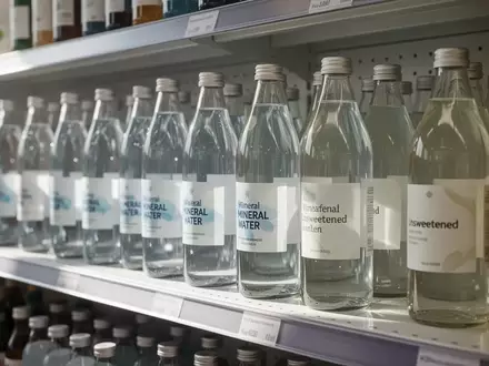 Regal mit verschiedenen Mineralwasserflaschen und ungesüßten Getränken in einem modernen Supermarkt. - Foto: über boerse-global.de