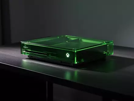 Eine halbtransparente grüne Spielkonsole in einem minimalistischen Raum mit stimmungsvoller Beleuchtung. - Foto: über boerse-global.de