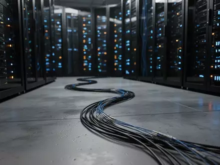 Dunkler Serverraum mit blinkenden Kontrollleuchten und einem im Vordergrund liegenden Glasfaserkabel. - Foto: über boerse-global.de