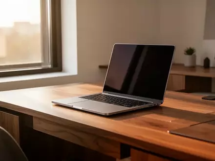 Ein minimalistischer moderner Arbeitsplatz mit einem Laptop auf einem Holztisch bei natürlichem Tageslicht. - Foto: über boerse-global.de