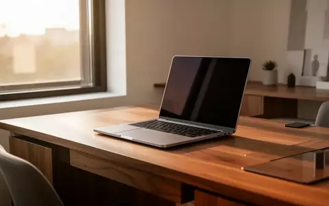 Ein minimalistischer moderner Arbeitsplatz mit einem Laptop auf einem Holztisch bei natürlichem Tageslicht. - Foto: über boerse-global.de
