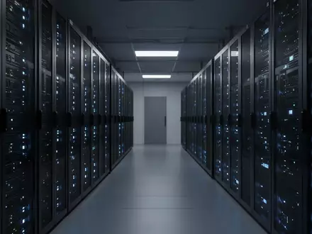 Moderne Serverräume in einem Rechenzentrum mit blauen LED-Anzeigen, die die technologische Infrastruktur für KI symbolisieren. - Foto: über boerse-global.de
