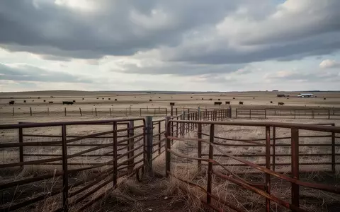 Weite, leere Weideflächen einer Rinderfarm unter einem bewölkten Himmel in den USA. - Foto: über boerse-global.de