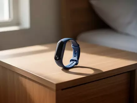 Ein moderner Fitness-Tracker in Blau liegt auf einem minimalistischen Nachttisch in einem hellen Schlafzimmer. - Foto: über boerse-global.de