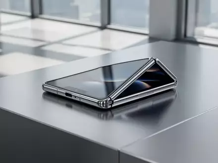 Ein edles, faltbares Smartphone liegt halb zusammengeklappt auf einer modernen Aluminiumoberfläche in einem hellen Raum. - Foto: über boerse-global.de