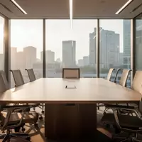 Ein leerer, modern gestalteter Konferenzraum mit einem großen Holztisch und ergonomischen Stühlen bei natürlichem Licht. - Foto: über boerse-global.de