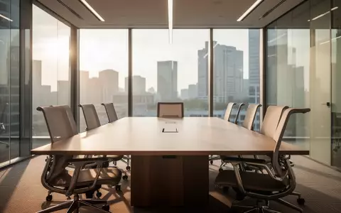 Ein leerer, modern gestalteter Konferenzraum mit einem großen Holztisch und ergonomischen Stühlen bei natürlichem Licht. - Foto: über boerse-global.de
