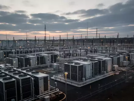 Industrielle Rechenzentrumsanlage in New Jersey mit großen Kühlanlagen und Energieinfrastruktur bei Dämmerung. - Foto: über boerse-global.de