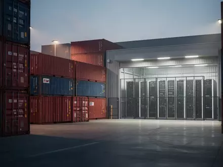 Ein moderner Logistik-Containerhafen bei Dämmerung mit angedeuteten Server-Racks in einer angrenzenden Lagerhalle. - Foto: über boerse-global.de