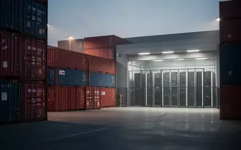 Ein moderner Logistik-Containerhafen bei Dämmerung mit angedeuteten Server-Racks in einer angrenzenden Lagerhalle. - Foto: über boerse-global.de