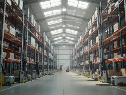Modernes Logistiklager mit automatisierten Hochregalen in einer hellen, industriellen Halle ohne Personen. - Foto: über boerse-global.de