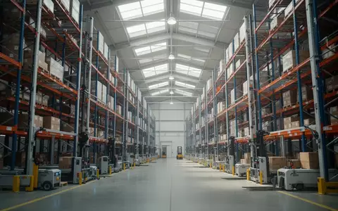 Modernes Logistiklager mit automatisierten Hochregalen in einer hellen, industriellen Halle ohne Personen. - Foto: über boerse-global.de