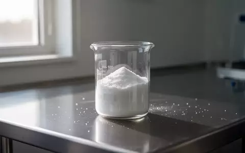 Ein Becherglas mit weißem, kristallinem Xylit-Pulver steht auf einer glatten Edelstahloberfläche in einem Labor. - Foto: über boerse-global.de