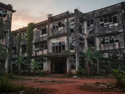 Ein verlassenes, verfallenes Gebäude in Kambodscha bei Dämmerung, das symbolisch für die geschlossenen Betrugszentren steht. - Foto: über boerse-global.de