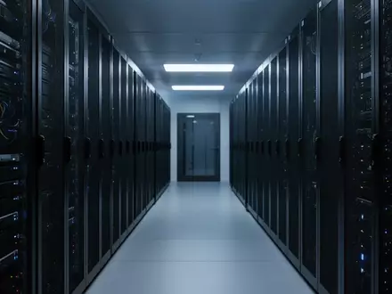 Moderne Serveranlage mit dunklen Racks und blauer Beleuchtung in einem professionellen Rechenzentrum. - Foto: über boerse-global.de