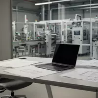 Ein minimalistischer, moderner Arbeitsplatz mit Laptop und technischen Blaupausen vor einem unscharfen Hintergrund einer automatisierten Produktionshalle. - Foto: über boerse-global.de