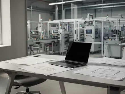 Ein minimalistischer, moderner Arbeitsplatz mit Laptop und technischen Blaupausen vor einem unscharfen Hintergrund einer automatisierten Produktionshalle. - Foto: über boerse-global.de