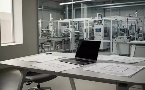 Ein minimalistischer, moderner Arbeitsplatz mit Laptop und technischen Blaupausen vor einem unscharfen Hintergrund einer automatisierten Produktionshalle. - Foto: über boerse-global.de
