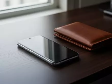 Ein Smartphone liegt neben einer Geldbörse auf einem dunklen Holztisch als Symbol für digitale Betrugsgefahren. - Foto: über boerse-global.de