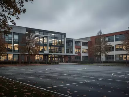 Modernes Schulgebäude an einem bewölkten Tag mit einem leeren Schulhof im Vordergrund. - Foto: über boerse-global.de