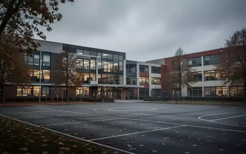 Modernes Schulgebäude an einem bewölkten Tag mit einem leeren Schulhof im Vordergrund. - Foto: über boerse-global.de