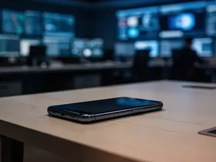 Ein modernes Smartphone liegt auf einem Schreibtisch vor dem unscharfen Hintergrund einer Notrufzentrale. - Foto: über boerse-global.de