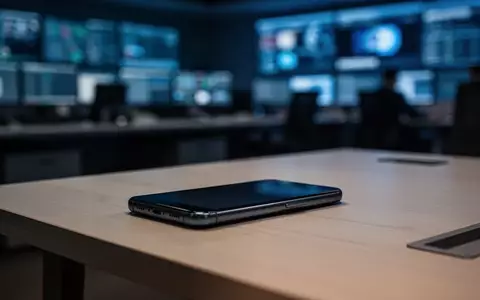Ein modernes Smartphone liegt auf einem Schreibtisch vor dem unscharfen Hintergrund einer Notrufzentrale. - Foto: über boerse-global.de