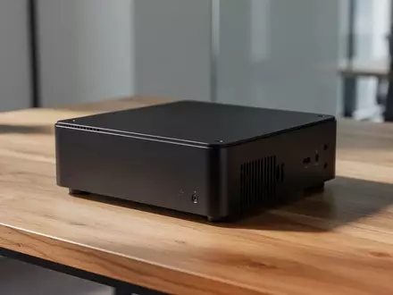 Ein kompakter, schwarzer Mini-PC auf einem Holztisch in einer modernen, minimalistischen Büroumgebung. - Foto: über boerse-global.de