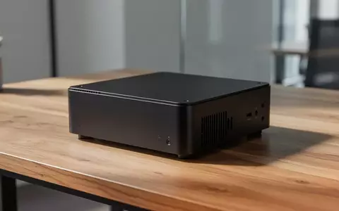 Ein kompakter, schwarzer Mini-PC auf einem Holztisch in einer modernen, minimalistischen Büroumgebung. - Foto: über boerse-global.de