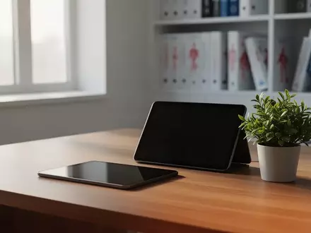 Ein minimalistischer Schreibtisch in einer modernen medizinischen Praxis mit einem ausgeschalteten Tablet und einer Pflanze. - Foto: über boerse-global.de