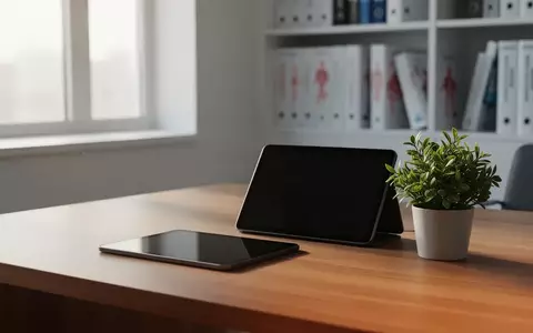 Ein minimalistischer Schreibtisch in einer modernen medizinischen Praxis mit einem ausgeschalteten Tablet und einer Pflanze. - Foto: über boerse-global.de
