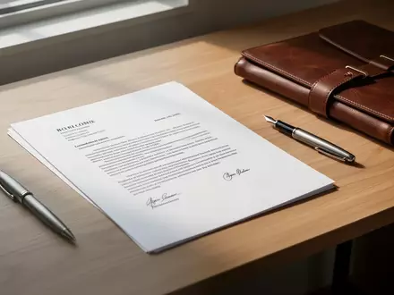 Ein minimalistischer Schreibtisch mit einem leeren Blatt Papier, einem Füllfederhalter und einer Dokumentenmappe. - Foto: über boerse-global.de