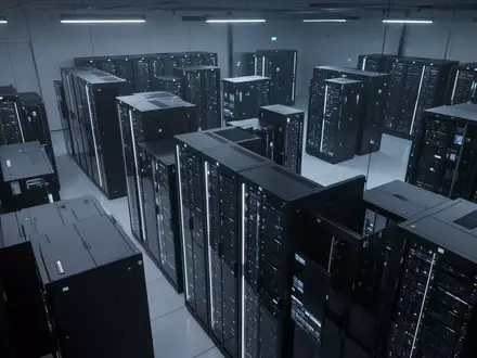 Ein moderner Serverraum mit ordentlich angeordneten, blau beleuchteten Server-Racks in einer minimalistischen Umgebung. - Foto: über boerse-global.de