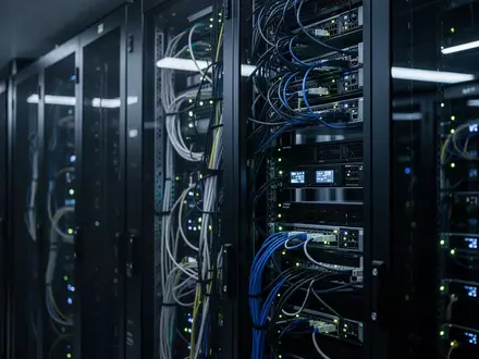 Moderne Serveranlage in einem Rechenzentrum mit bläulicher Beleuchtung und technischer Infrastruktur. - Foto: über boerse-global.de