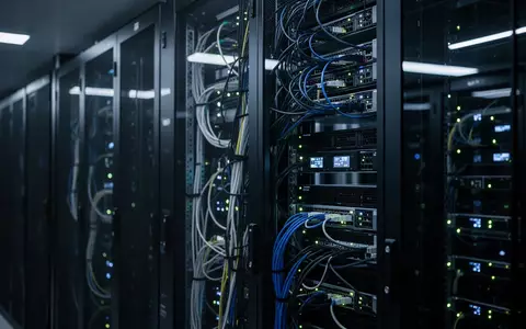 Moderne Serveranlage in einem Rechenzentrum mit bläulicher Beleuchtung und technischer Infrastruktur. - Foto: über boerse-global.de