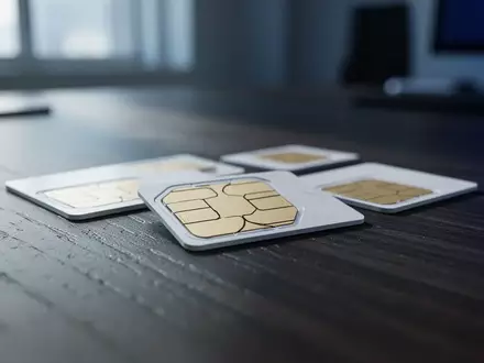Mehrere leere SIM-Karten liegen auf einem dunklen Holztisch in einer professionellen Büroumgebung. - Foto: über boerse-global.de