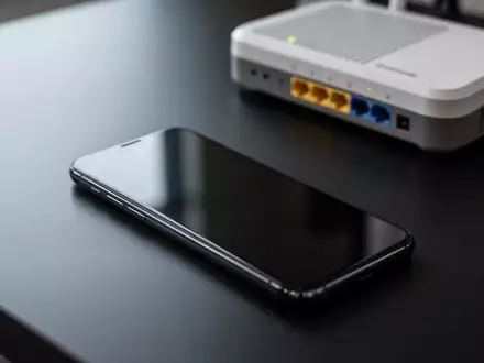 Ein Smartphone liegt auf einem Schreibtisch neben einem Router, während die Datensicherheit bei VPN-Apps thematisiert wird. - Foto: über boerse-global.de